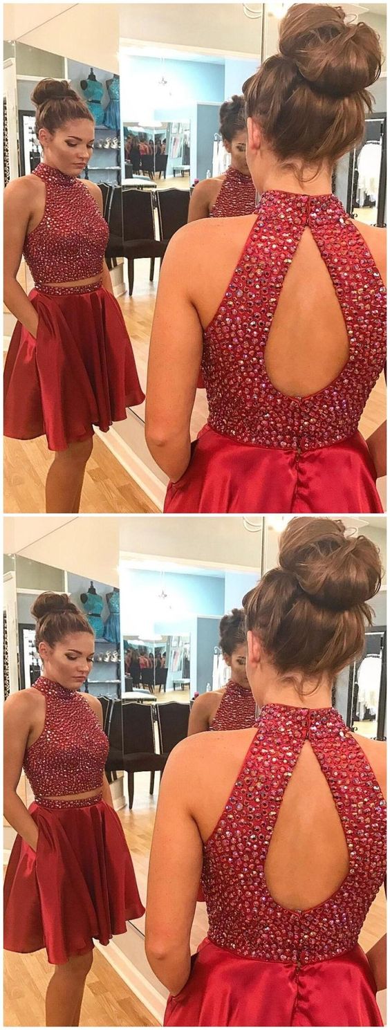 Sexy Two Piece Short Rhinestone Cute Alexa Homecoming Dresses Red CD1139