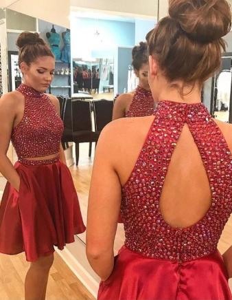 Sexy Two Piece Short Rhinestone Cute Alexa Homecoming Dresses Red CD1139