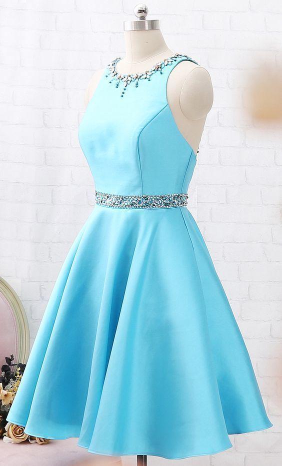 Blue Scarlet Homecoming Dresses Satin Short Dress Blue Short Party Gown With Beads Belt XXA1141