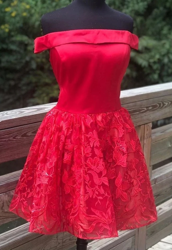 Setlla Lace Homecoming Dresses Off Shoulder Red Formal Graduation Dress Red XXA11493