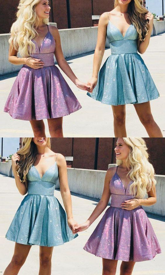 Spaghetti Homecoming Dresses Desirae Cocktail Straps V Neck Mini Aqua Silver Dress XXA11561