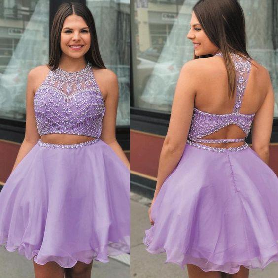 Purple Two Piece Dresses Short 2024 Beaded Halter Sexy Lavender Graduation Homecoming Dresses Desiree Dress CD11563