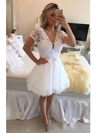 White Short Homecoming Dresses Mavis Lace Short Sleeves V Neck Beaded Top XXA11578