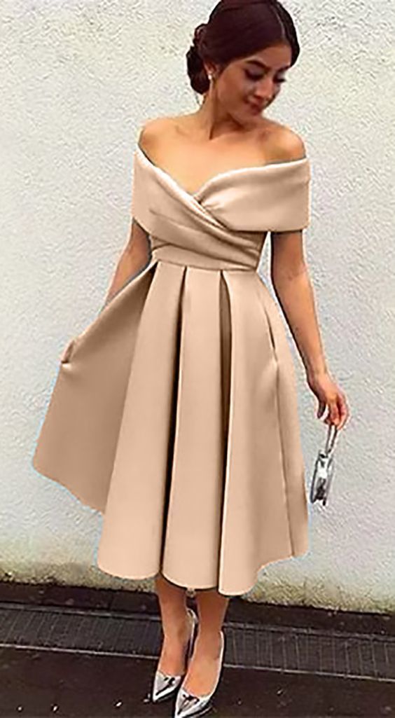 Off The Shoulder Homecoming Dresses Satin Ellie Cocktail Midi Dress CD11692