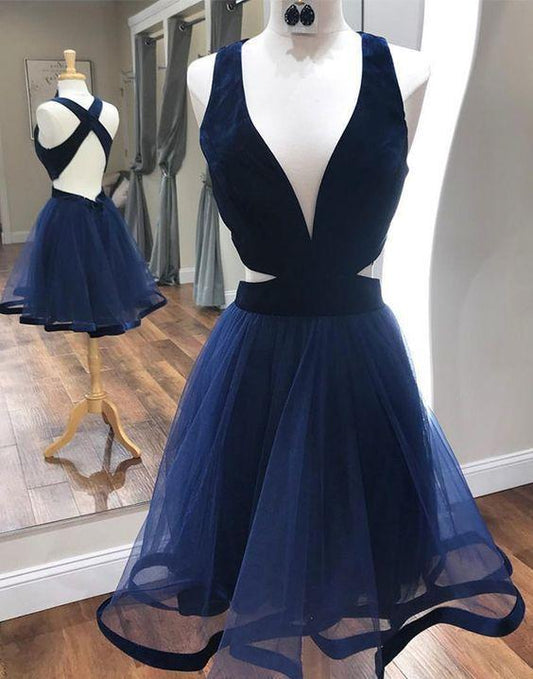 Deep V-Neck A Line Cocktail Hana Homecoming Dresses Sexy Dresses With Criss Cross Back Navy Blue CD11695