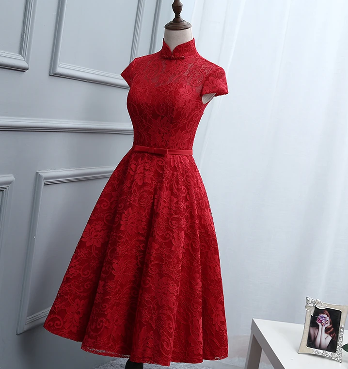 Red Allison Lace Homecoming Dresses Knee Length High Neckline Party Dress XXA11726