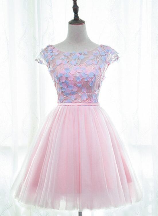 Tulle Cute Girls Party Pink Homecoming Dresses Maddison Dresses Lovely Short Round Neckline With Flowers Party XXA11755