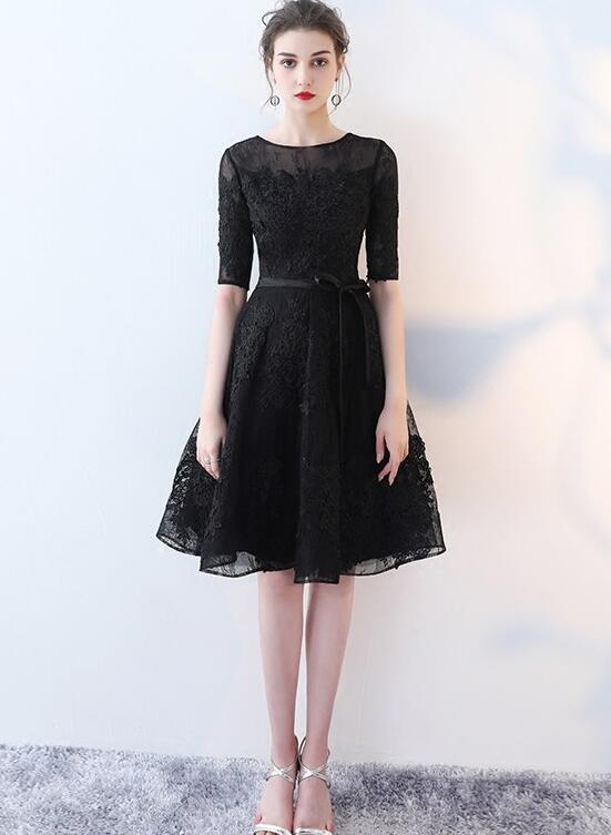 Cute Black Short Sleeves Party Dress Rosalind Homecoming Dresses Lace Black XXA11776