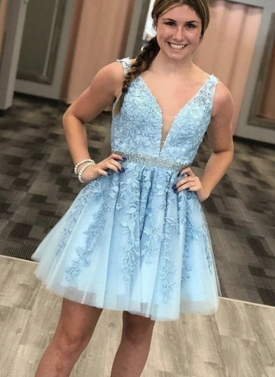 Blue V Neck Tulle Short Party Dress Lace Homecoming Dresses Jazlynn Short XXA11811