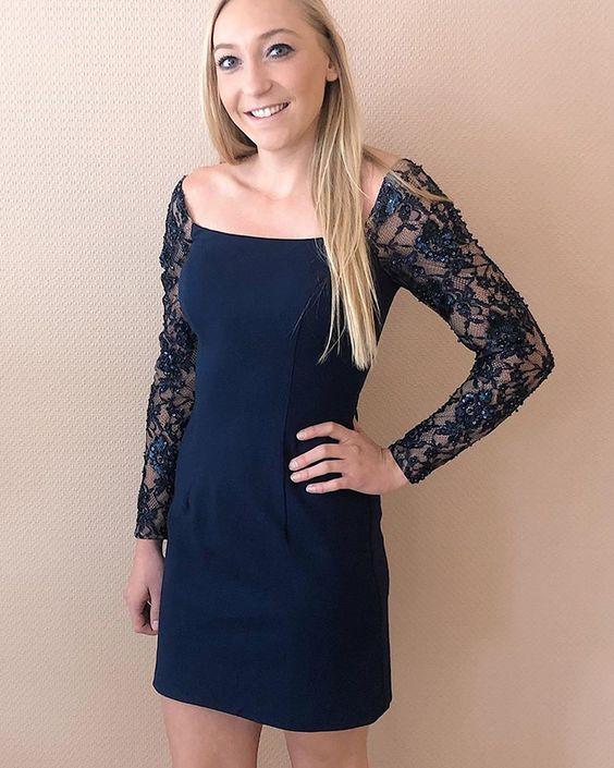 Tight Square Navy Lace Luna Satin Homecoming Dresses Blue With Long Sleeves XXA11979