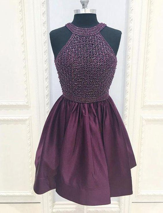 Halter Short Purple With Beading Homecoming Dresses Lainey Cocktail Dress CD11993