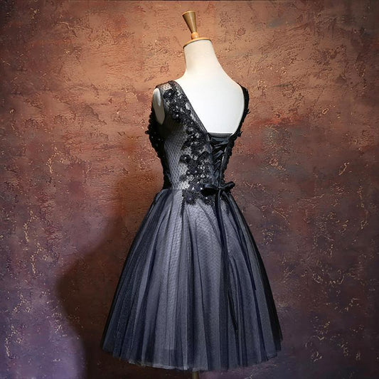 Black V-Neckline Tulle With Kali Homecoming Dresses Lace Applique Party Dress Black XXA12066