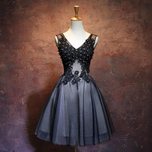 Black V-Neckline Tulle With Kali Homecoming Dresses Lace Applique Party Dress Black XXA12066