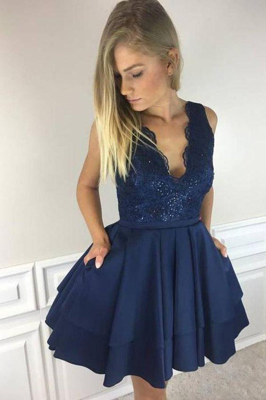 A-Line Homecoming Dresses Crystal Satin Deep V-Neck Short Navy Blue Beaded With Appliques Pockets XXA1221