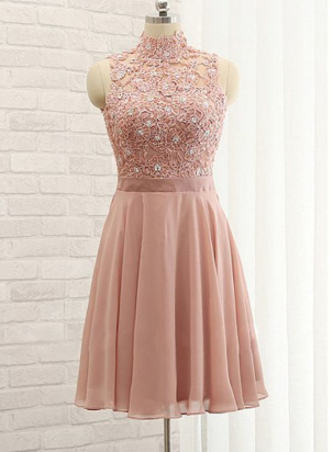 A-Line High Neck Homecoming Dresses Pink Hortensia Lace Short Dress Short Dresses Cheap XXA1224