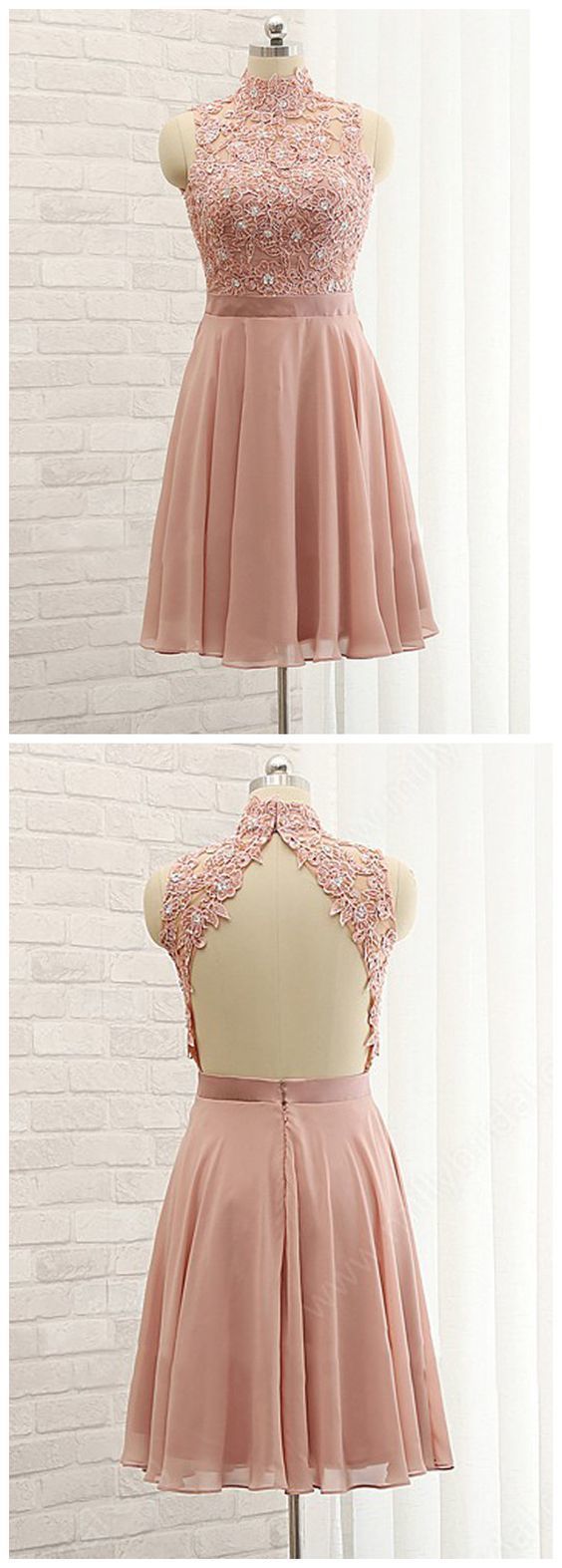 A-Line High Neck Homecoming Dresses Pink Hortensia Lace Short Dress Short Dresses Cheap XXA1224