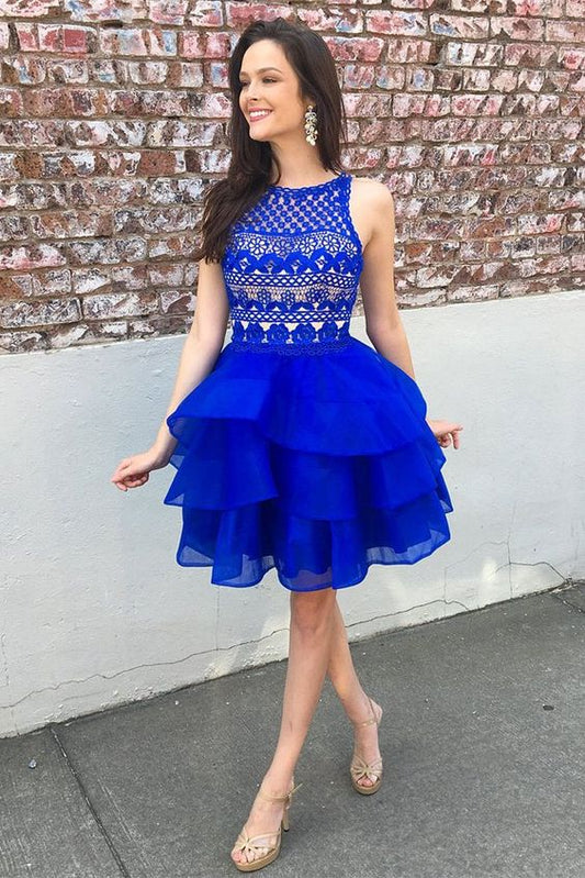 Cute A-Line Lace Homecoming Dresses Royal Blue Iris Top Organza Skirt Tiered Short XXA12321