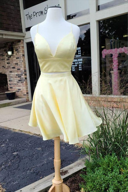 Two Piece Homecoming Dresses Andrea Short Yellow With Spaghetti Straps CD12343