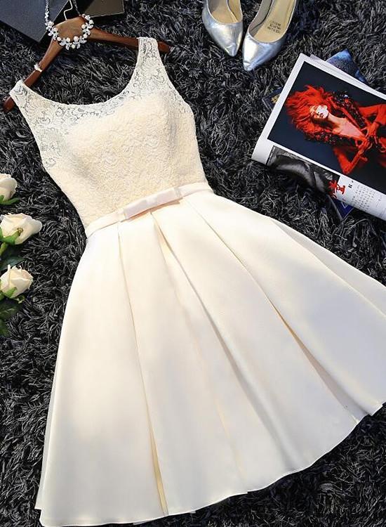 Round Neckline Knee Length Satin Mavis Homecoming Dresses Ivory Lace Party Dress XXA12555