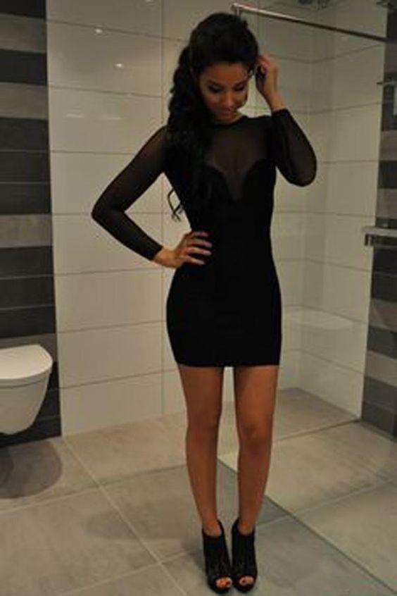 Black Stephany Homecoming Dresses Round Neck Short Dress Long Sleeve Sheer Back Cheap Party Dress XXA1259