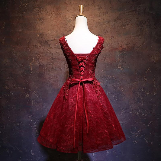 Wine Red Kassandra Homecoming Dresses Lace Short Cute V-Neckline -Up Teen Party Dress XXA12616