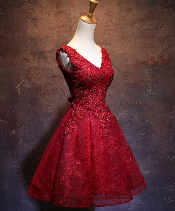 Wine Red Kassandra Homecoming Dresses Lace Short Cute V-Neckline -Up Teen Party Dress XXA12616