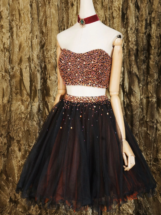 Black Beads Mckinley Two Pieces Homecoming Dresses Tulle Short Black CD12694