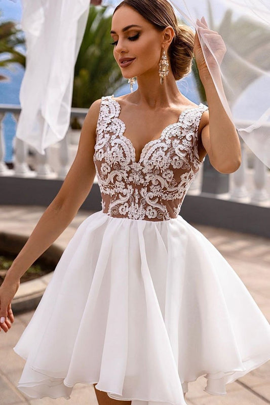 White V Neck Tulle Short Lace Homecoming Dresses Amelie Cocktail Dress White Dress CD12808