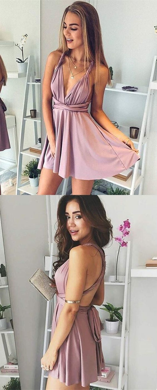 A-Line Deep Satin Kamora Homecoming Dresses V-Neck Short Blush Elastic Convertible Style XXA129