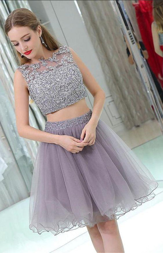 Lace Homecoming Dresses Meghan Two Pieces Gray CD1291