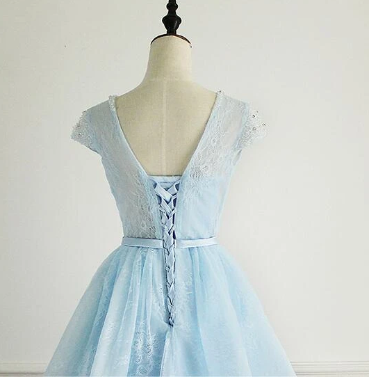 Light Blue Cap Sleeves Cute Short Party Dress Janet Homecoming Dresses Lace Blue XXA12963