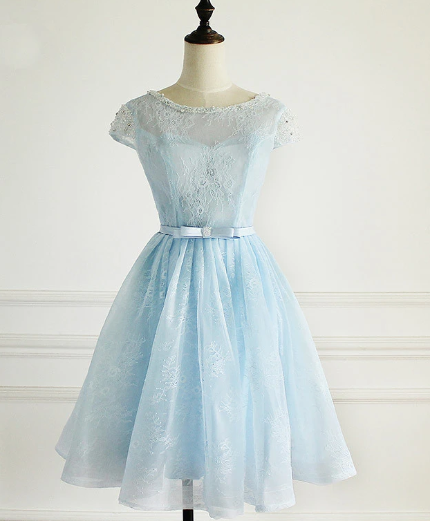 Light Blue Cap Sleeves Cute Short Party Dress Janet Homecoming Dresses Lace Blue XXA12963