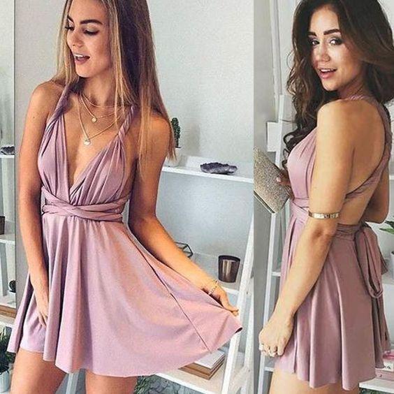 A-Line Deep Satin Kamora Homecoming Dresses V-Neck Short Blush Elastic Convertible Style XXA129