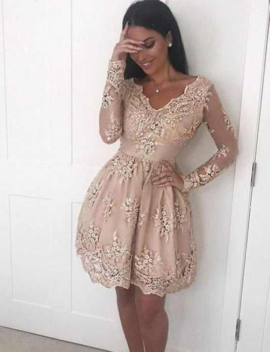 Homecoming Dresses Lace Pamela V Neck Champagne Short With Appliques Cute CD12