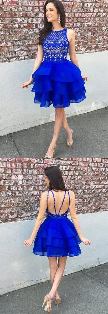 Cute Organza Skirt A-Line Lace Juliana Homecoming Dresses Royal Blue Top Short XXA1305