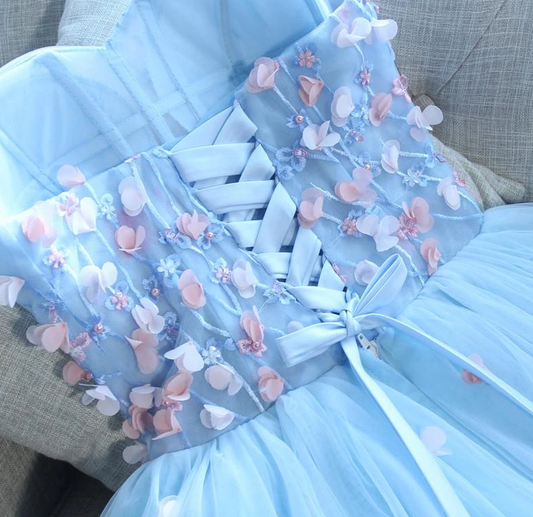 Light Blue Sweetheart Short Handmade Party Dress Blue Flowers Homecoming Dresses Mylee XXA13080