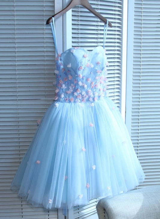 Light Blue Sweetheart Short Handmade Party Dress Blue Flowers Homecoming Dresses Mylee XXA13080