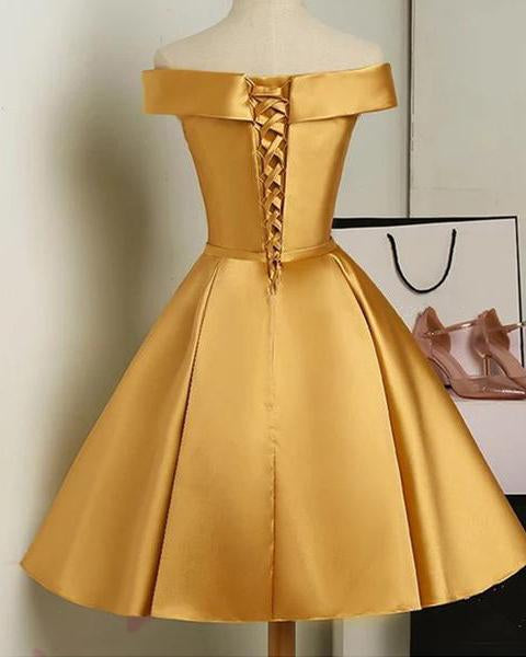 Cute Satin Homecoming Dresses Lillie Golden Knee Length Off Shoulder Dress Short XXA13132