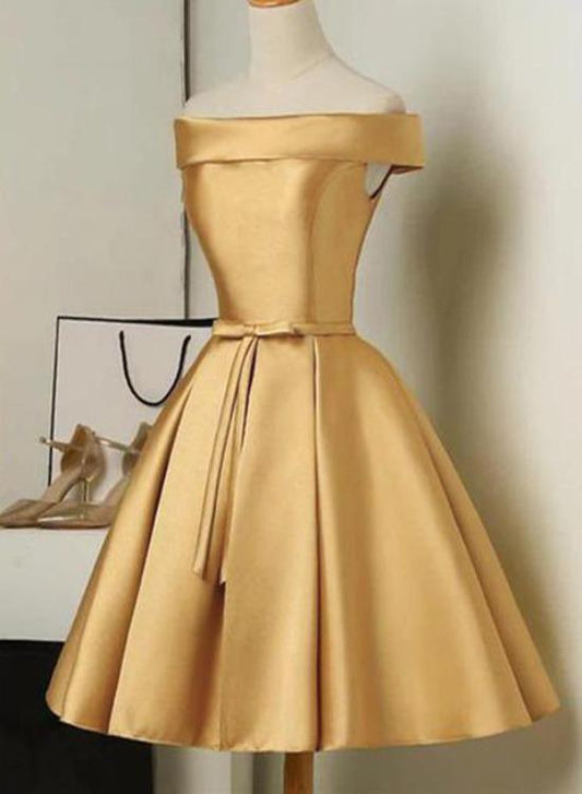 Cute Satin Homecoming Dresses Lillie Golden Knee Length Off Shoulder Dress Short XXA13132