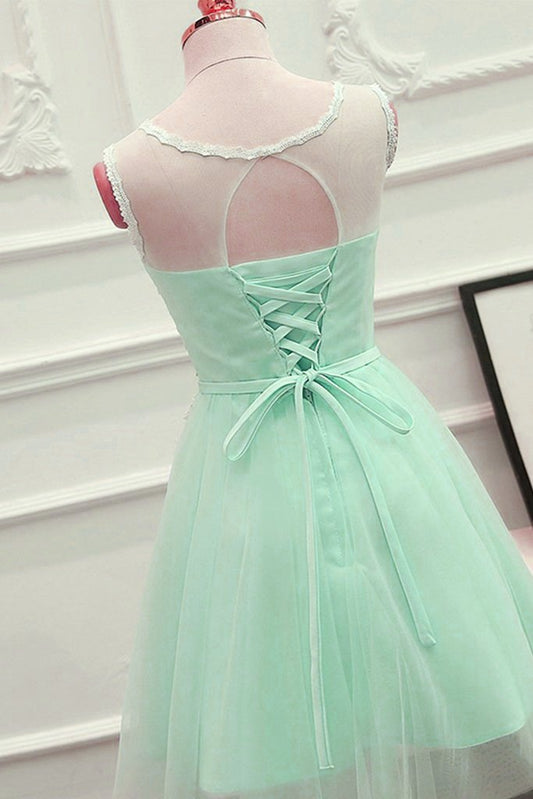 Cute Mint Green Tulle Short Party Dress With Applique Homecoming Dresses Lace Gwen XXA13175