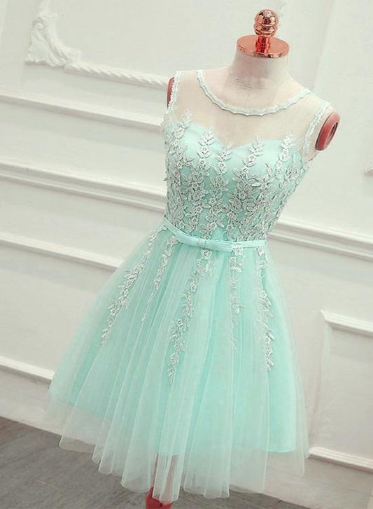 Cute Mint Green Tulle Short Party Dress With Applique Homecoming Dresses Lace Gwen XXA13175