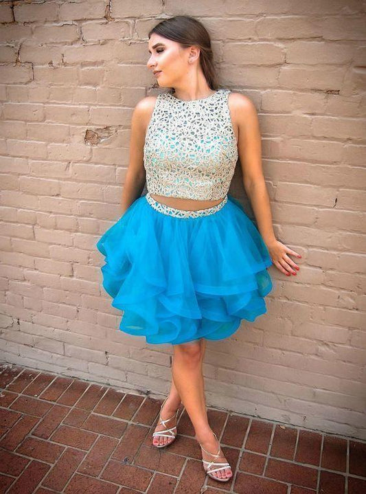 Two Piece Short Ayana Lace Homecoming Dresses Blue Tulle CD13481