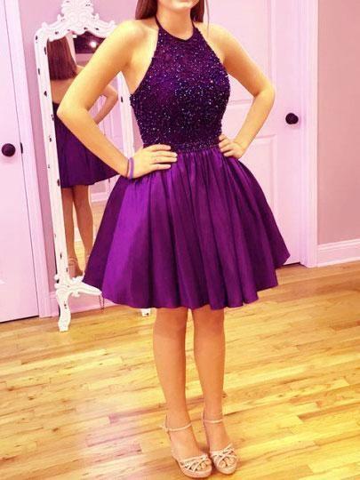 Short Open Back Party Dress Purple Halter Neckline Cocktail Lyla Homecoming Dresses Purple Dress CD13495