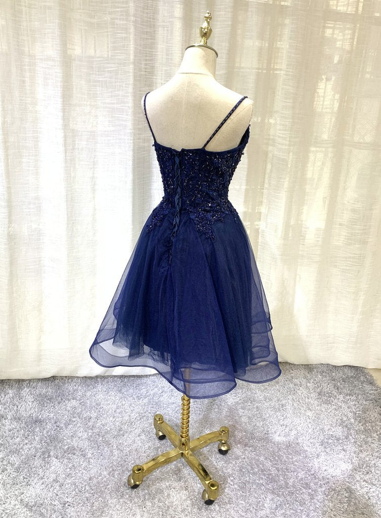 Navy Blue V-Neckline Tulle Short Applique Short Homecoming Dresses Yamilet Lace Party Dress XXA13782