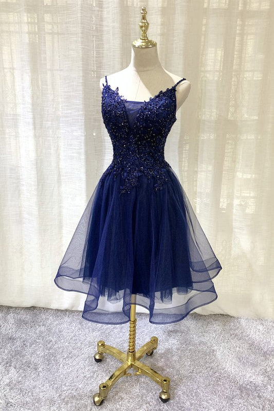 Navy Blue V-Neckline Tulle Short Applique Short Homecoming Dresses Yamilet Lace Party Dress XXA13782