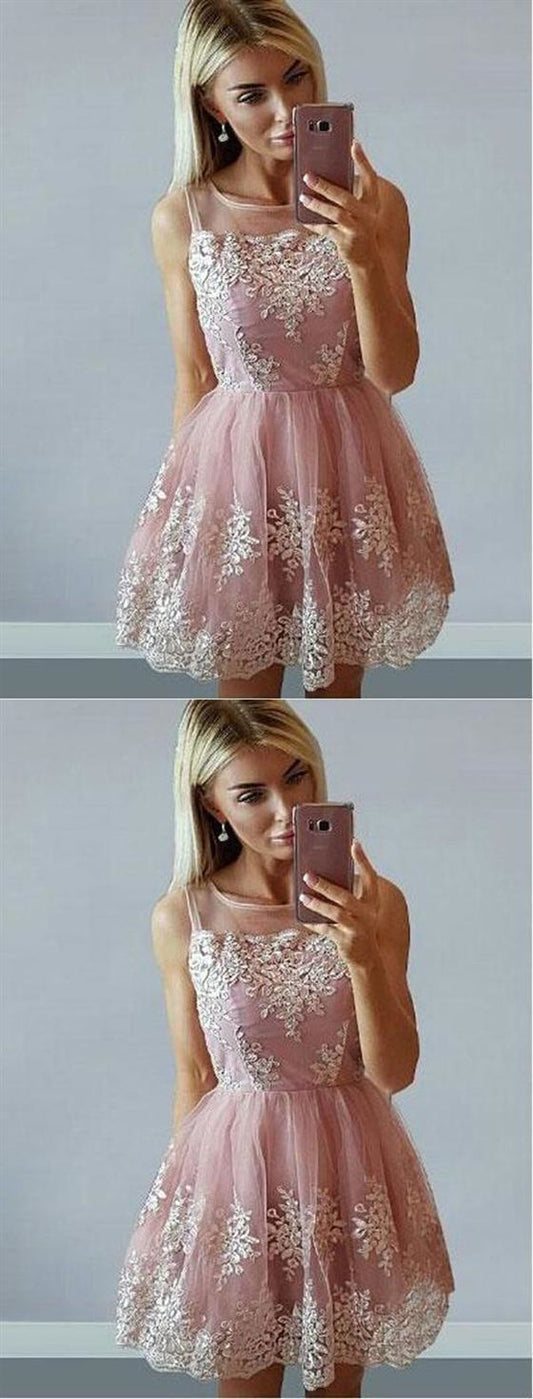 Sleeveless Dresses Willa Homecoming Dresses Lace Pink Cocktail A Line Cheap CD14035