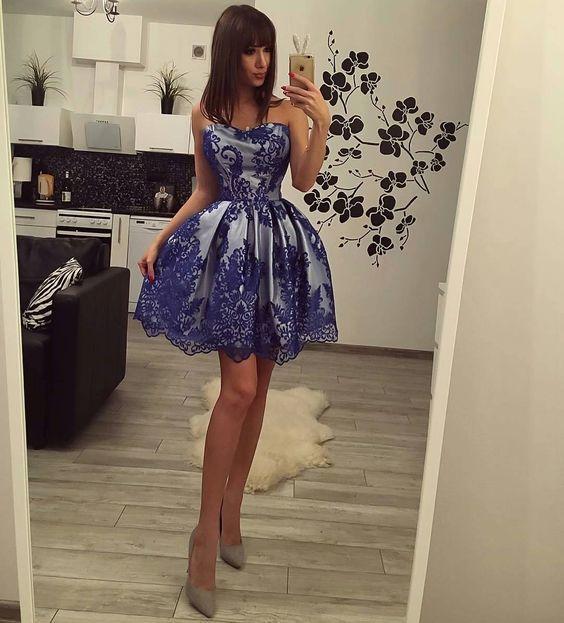 Sweetheart Short Ball Gown Party Dress Royal Blue Homecoming Dresses Kassidy Lace Cocktail With Overlay CD14069