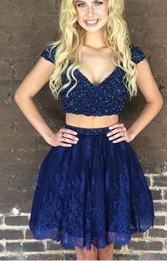 Blue Beaded Maci Homecoming Dresses Two Pieces Lace CD14212