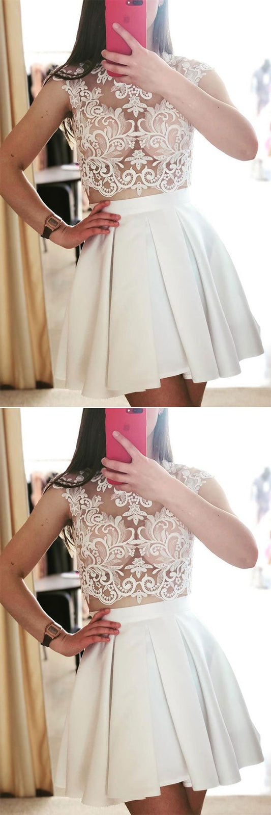 Cute White Short Lace Marcia Two Pieces Homecoming Dresses Dress White XXA1424