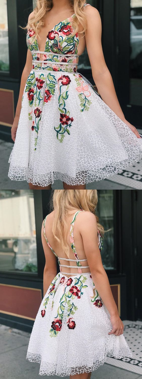 Princess V Neck Short White And Floral Mavis Homecoming Dresses Embroidery Dancing Dress Cute XXA143